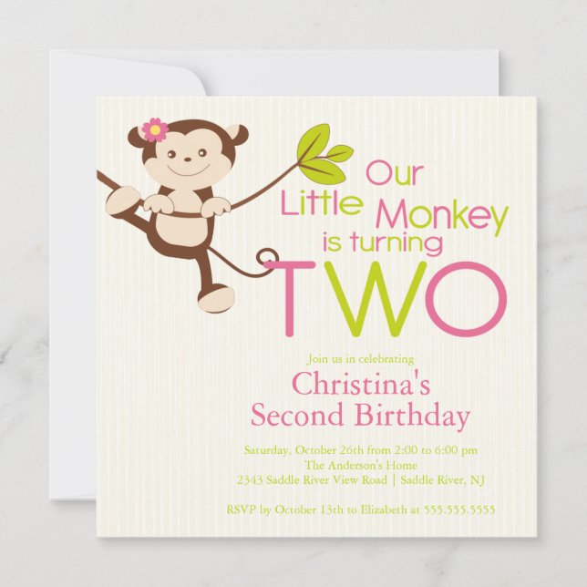 Cute Modern Monkey 2nd Birthday Party Invitations (Front)
