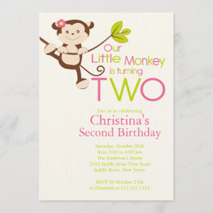 Cute Modern Monkey 2nd Birthday Party Invitations