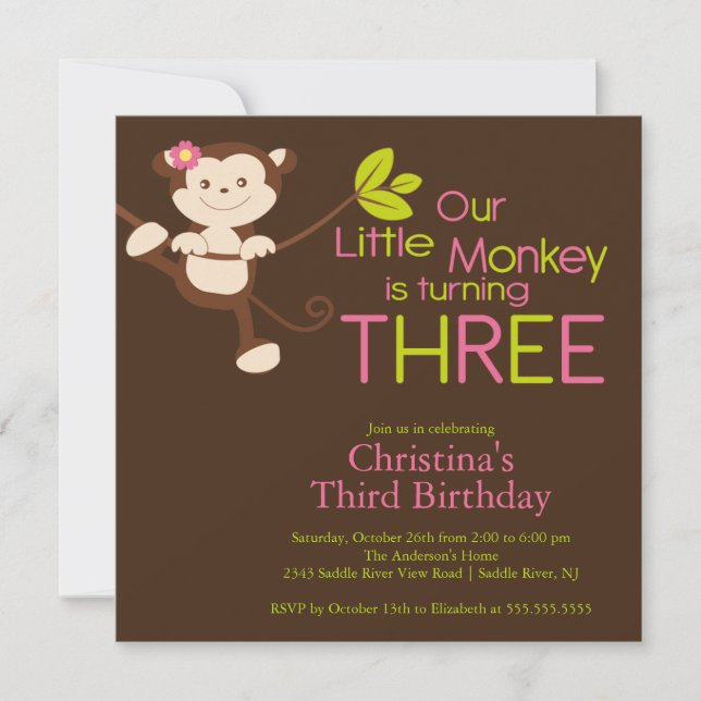 Cute Modern Monkey 3rd Birthday Party Invitations (Front)