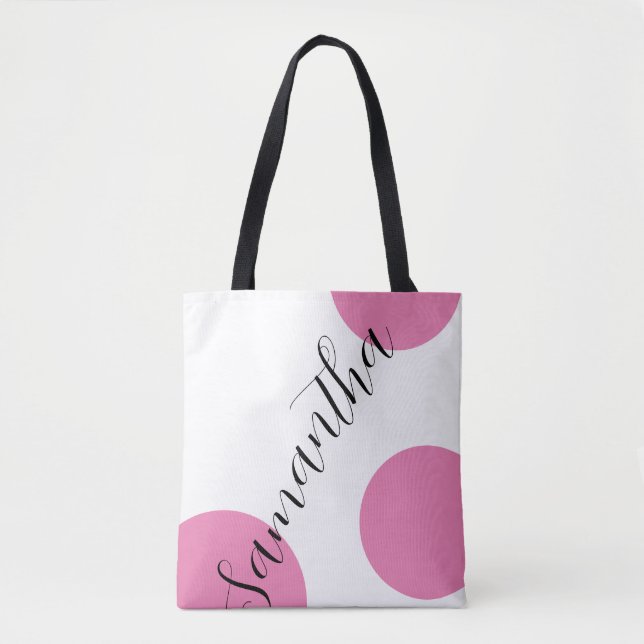 Cute Modern Name Large Pink Polka Dots Tote Bag (Front)