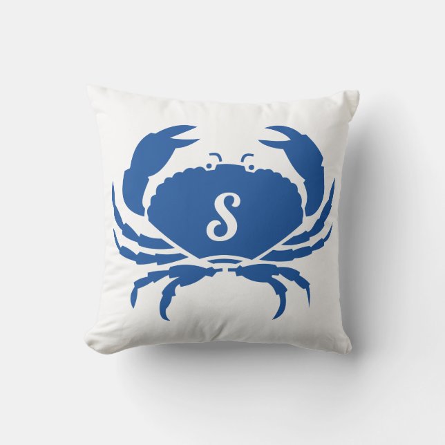 Cute Modern Nautical  Blue Crab Monogrammed Cushion (Front)
