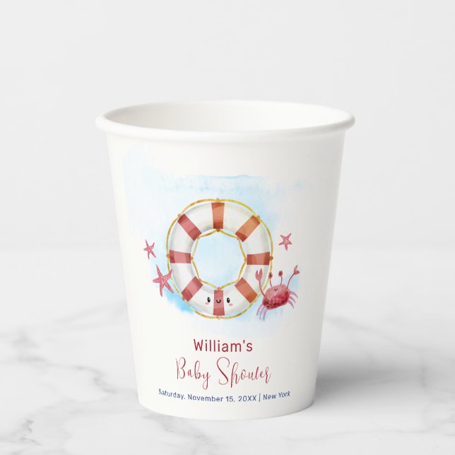 Cute Modern Nautical Crab Starfish Baby Shower  Paper Cups (Front)