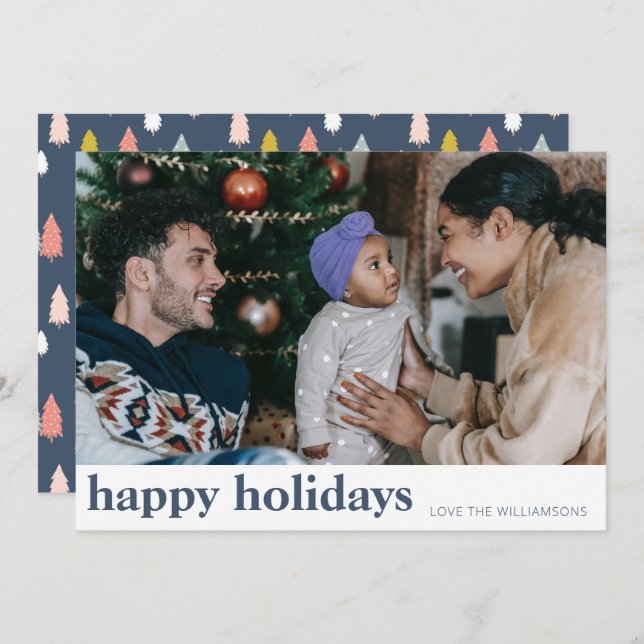 Cute Modern Navy Blue Christmas Trees Wide Photo Holiday Card (Front/Back)