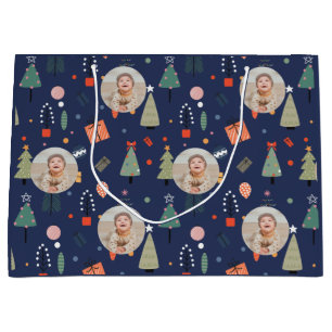 Cute Modern Navy blue Funny Christmas Photo Large Gift Bag