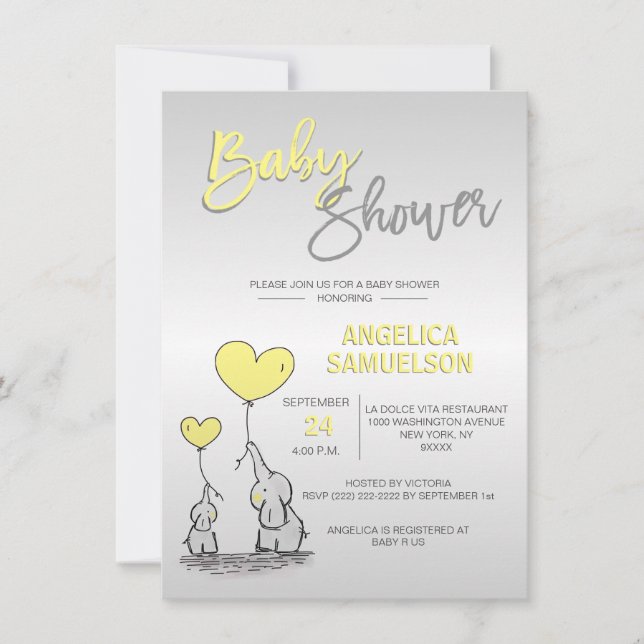 Cute Modern Neutral YELLOW Elephant Baby Shower Invitation (Front)