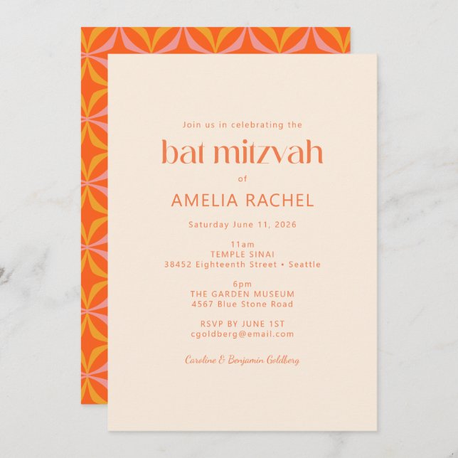 Cute Modern Orange Retro Typography Bat Mitzvah Invitation (Front/Back)