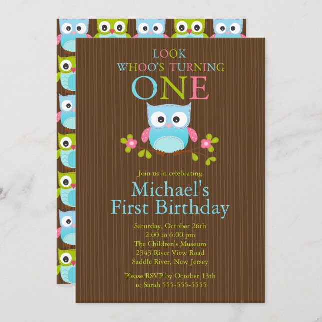 Cute Modern Owl 1st Birthday Party Invitations (Front/Back)