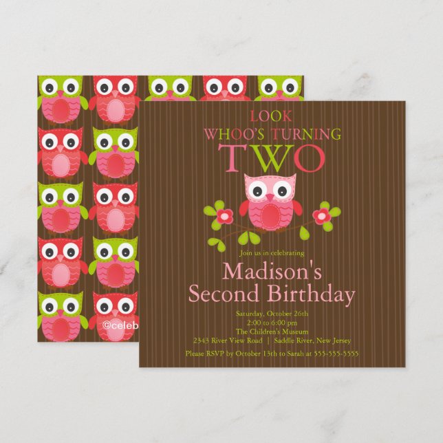 Cute Modern Owl 2nd Birthday Party Invitations (Front/Back)