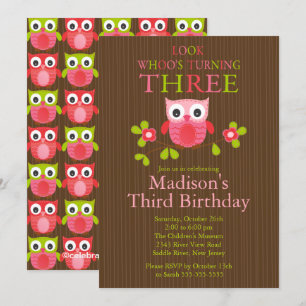 Cute Modern Owl 3rd Birthday Party Invitations