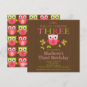 Cute Modern Owl 3rd Birthday Party Invitations