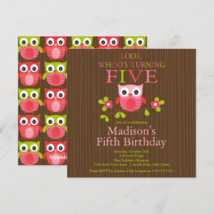 Cute Modern Owl 5th Birthday Party Invitations