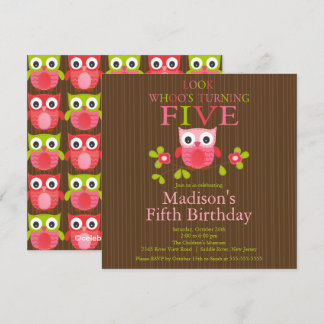 Cute Modern Owl 5th Birthday Party Invitations