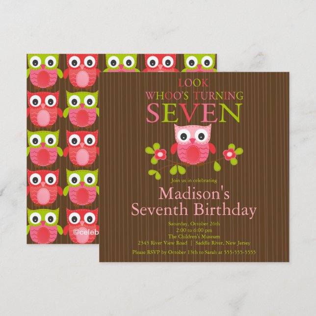 Cute Modern Owl 7th Birthday Party Invitations (Front/Back)