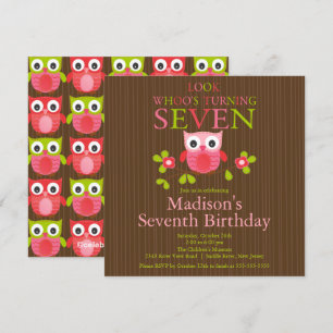 Cute Modern Owl 7th Birthday Party Invitations