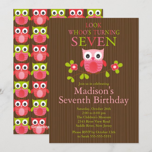 Cute Modern Owl 7th Birthday Party Invitations (Front/Back)