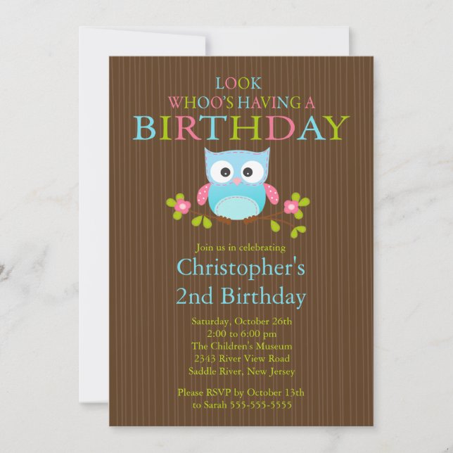 Cute Modern Owl Birthday Party Invitations (Front)