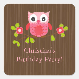 Cute Modern Owl Birthday Party Square Sticker