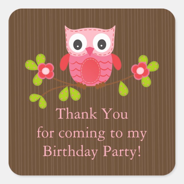 Cute Modern Owl Birthday Party Square Sticker (Front)
