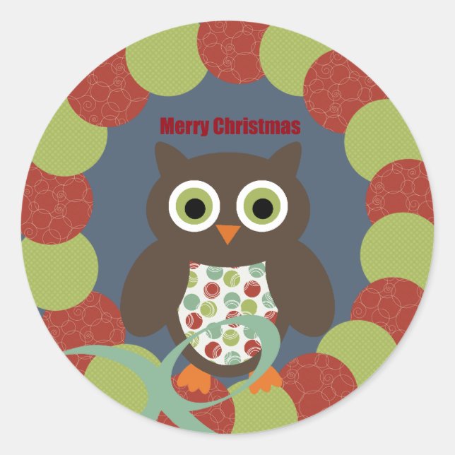 Cute Modern Owl Wreath Merry Christmas Gifts Classic Round Sticker (Front)
