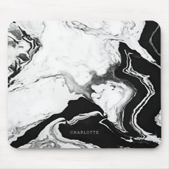 Cute Modern Panda White Black Marble Custom Name Mouse Mat (Front)