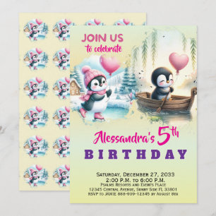 Cute Modern Party Animals Penguin Watercolor Invitation