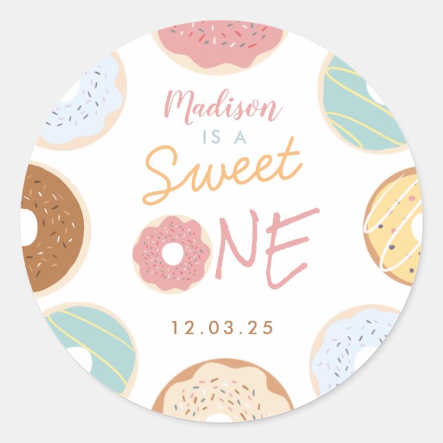 Cute Modern Pastel Doughnut First Birthday Classic Round Sticker (Front)