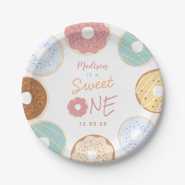 Cute Modern Pastel Doughnut First Birthday Paper Plate (Front)