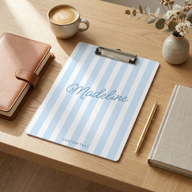 Cute Modern Personalised Coastal Blue Striped Clipboard (Creator Uploaded)