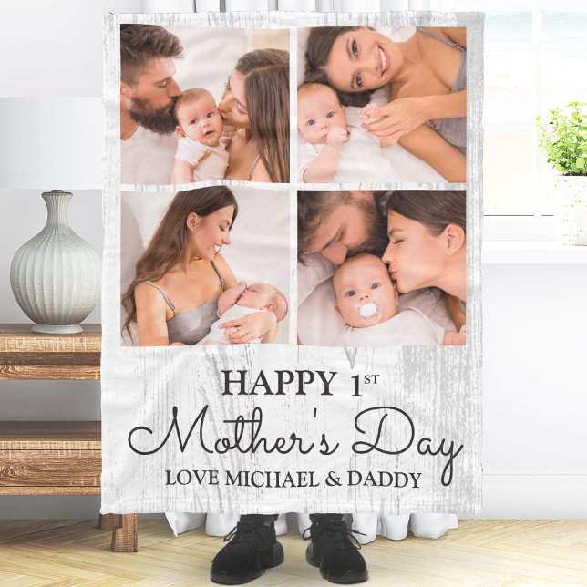Cute Modern Photo Collage Happy First Mothers Day Fleece Blanket (Cute Modern Photo Collage Happy First Mothers Day Fleece Blanket)