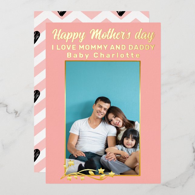 Cute Modern Photo golden frame Happy Mothers Day  Foil Holiday Card (Front/Back)