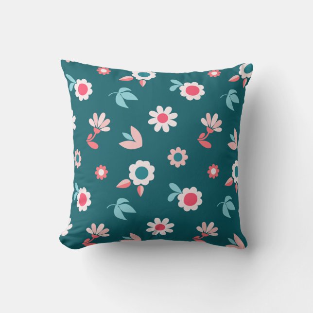 Cute Modern Pink and Teal Floral Pattern Cushion (Front)