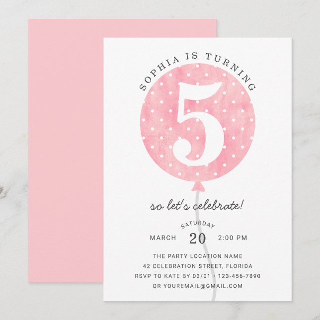 Cute Modern Pink Balloon Elegant Girl Birthday Invitation (Front/Back)