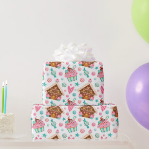 Cute Modern Pink Blue Watercolor Christmas Treats Wrapping Paper