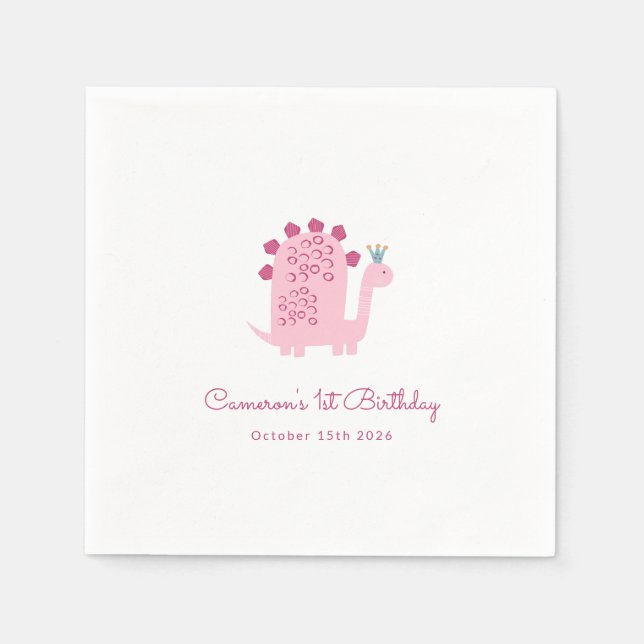 Cute Modern Pink Dinosaur 1st Birthday  Napkin (Front)