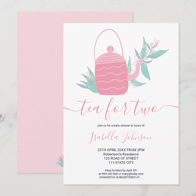 Cute modern pink floral tea for two baby shower invitation (Front/Back)