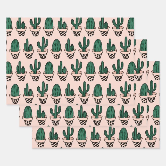 Cute Modern Pink Green Potted Cactus Pattern Wrapping Paper Sheet (Set)