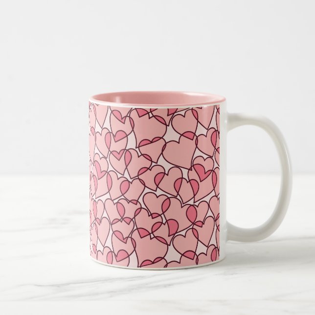 Cute Modern Pink Hearts pattern Two-Tone Coffee Mug (Right)