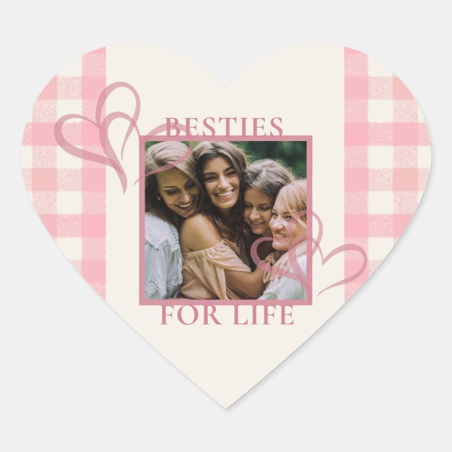Cute Modern Pink Ivory Check Photo Galentine's Heart Sticker (Front)
