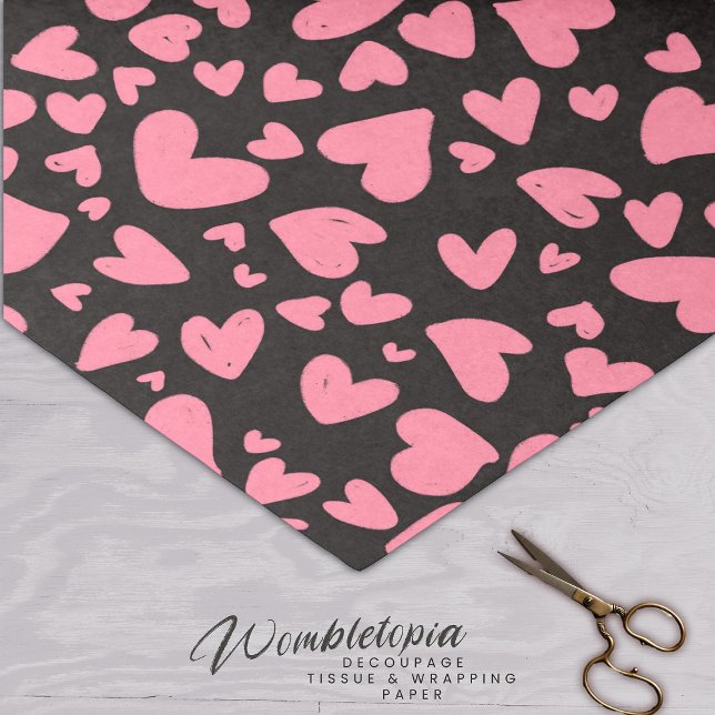 Cute Modern Pink Love Hearts On Black Background Tissue Paper (Creator Uploaded)