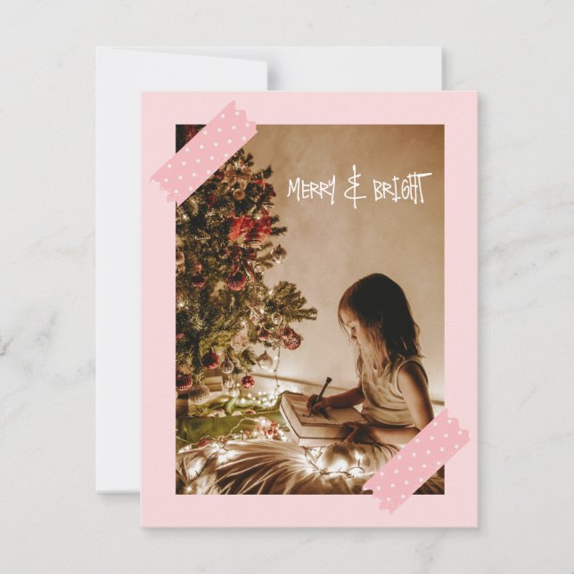 Cute Modern Pink Merry and Bright Christmas Photo Holiday Card (Front)