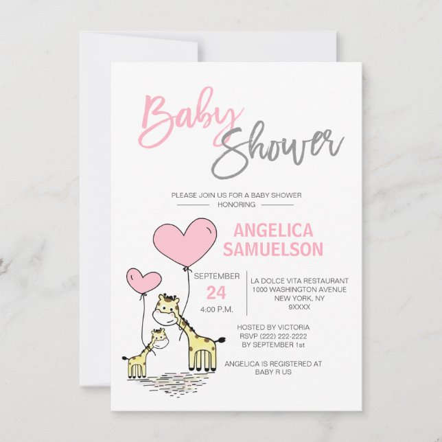 Cute Modern Pink Mummy Giraffe Girls Baby Shower Invitation (Front)