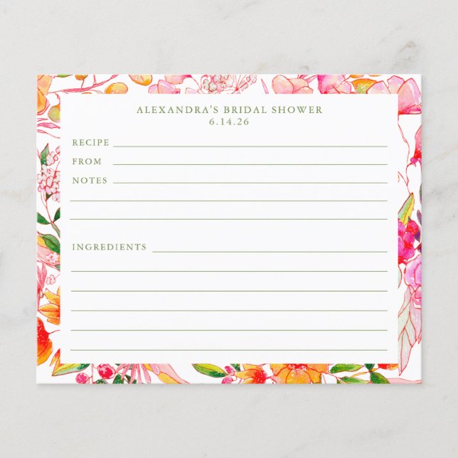 Cute Modern Pink Orange Flowers Shower Recipe Card (Front)