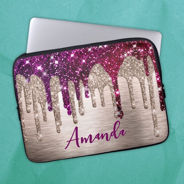 Cute modern Pink red Glitter Drips monogram Laptop Sleeve (Creator Uploaded)