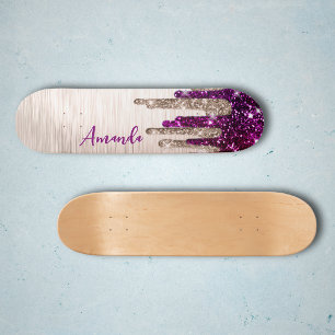 Cute modern Pink red Glitter Drips monogram Skateboard