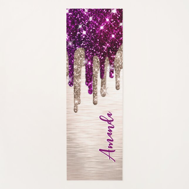 Cute modern Pink red Glitter Drips monogram Yoga Mat (Front)