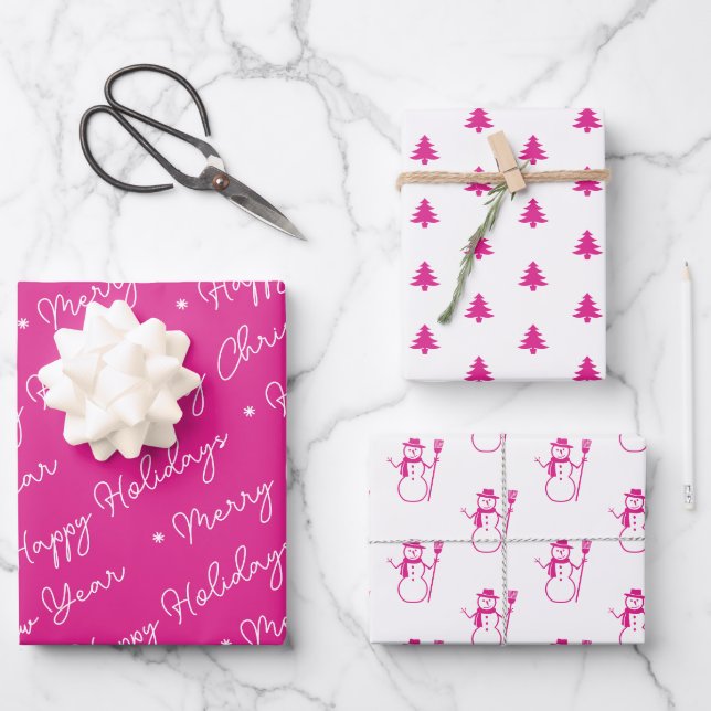 Cute Modern Pink Snowman Christmas Trees Script Wrapping Paper Sheet (Front)