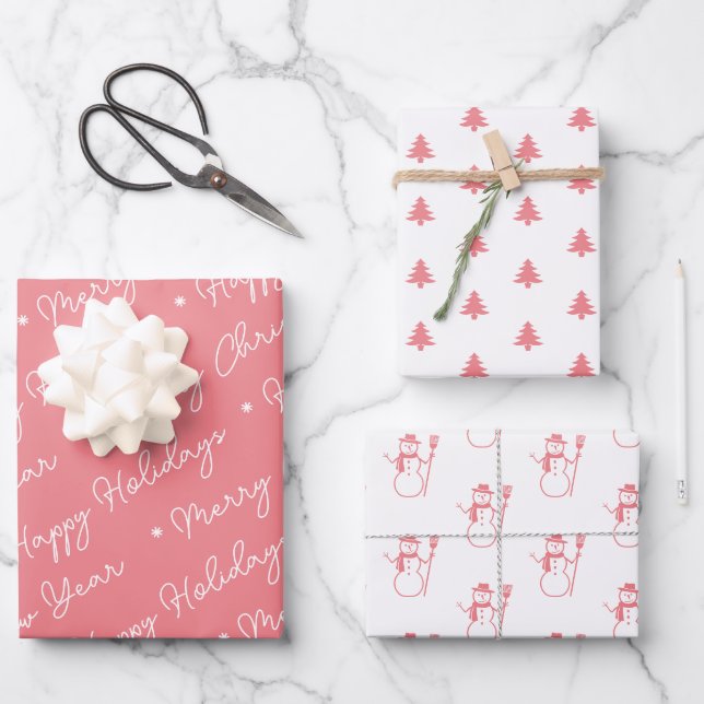 Cute Modern Pink Snowman Christmas Trees Script Wrapping Paper Sheet (Front)