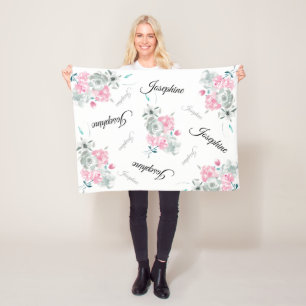 Cute Modern Pink watercolor Floral baby name Fleece Blanket