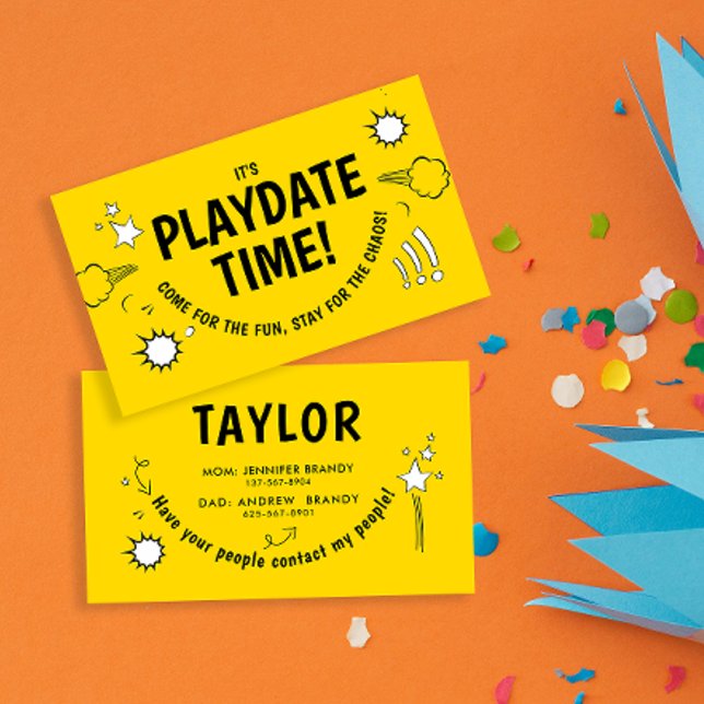 Cute Modern Playdate Yellow Fun Cartoon Business Card (Creator Uploaded)