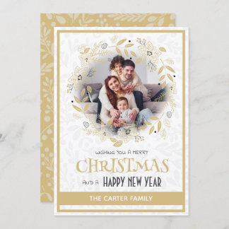 Cute Modern Poinsettia Gold Christmas Wreath Photo Holiday Card